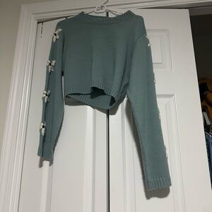 Altar'd State Teal Sweater with Cream Floral Details